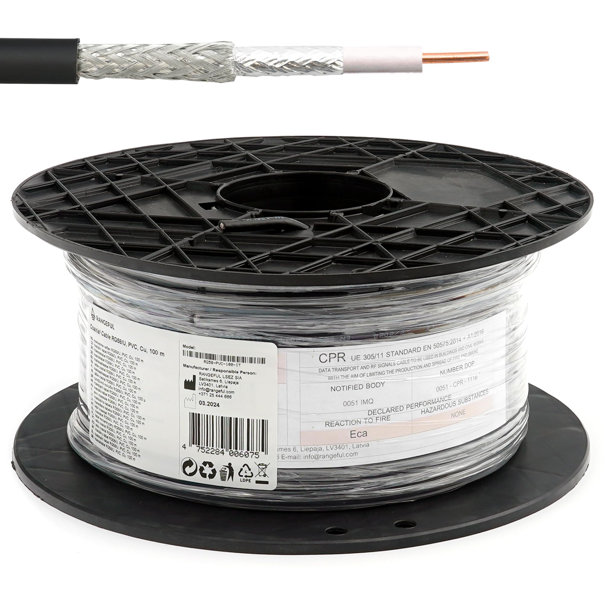 RG58 Coaxial Cable 100m 328ft — Low Loss 50ohm RF Extension Coax — compatible with N Type SMA BNC TNC PL259 FME connectors — for WiFi VHF UHF CB Radio HAM Router Antenna 4G 5G — Made in Italy