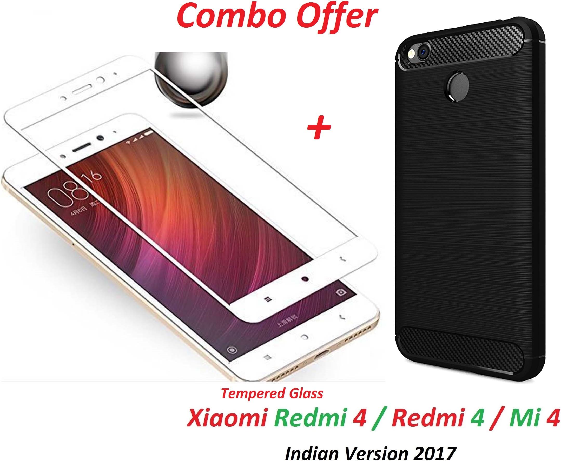 Mi 4 / Redmi 4 / Xiaomi Redmi 4 / Redmi4 / Mi Redmi 4 (COMBO OFFER) Original Rugged Armor Shock Proof TPU Back Cover Case (Black) + 2.5D curved 3D Edge to Edge Tempered Glass Mobile Screen Protector ( White ) BY YuniKase