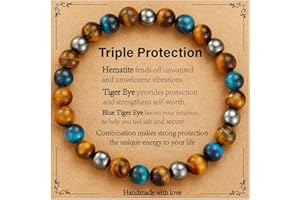 Gnamy Triple Protection Bracelet for Men, Mens Black Obsidian Hematite Tiger Eye Beaded Natural Stone Evil Eye Bracelet Jewelry Gifts for Birthday Christmas
