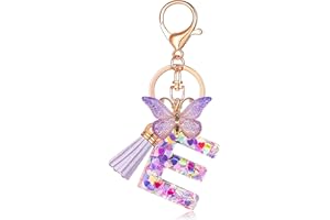 JINGUAZI Initial letter Keychains for Women Tassel Butterfly Pink Purple Cute Car Keychain for Wallet Backpack bag charm
