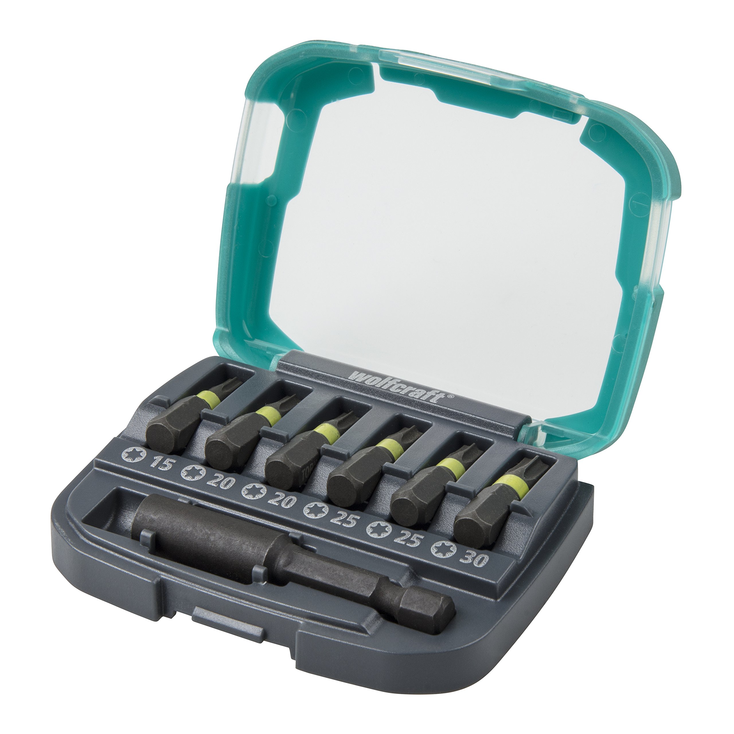 wolfcraft Impact Bit Box, TORX® (T 15–30), 7 Pcs. I 2969000 I 6 Specially Hardened Impact bits for Impact Mode, in Various Sizes, incl. bit Holder