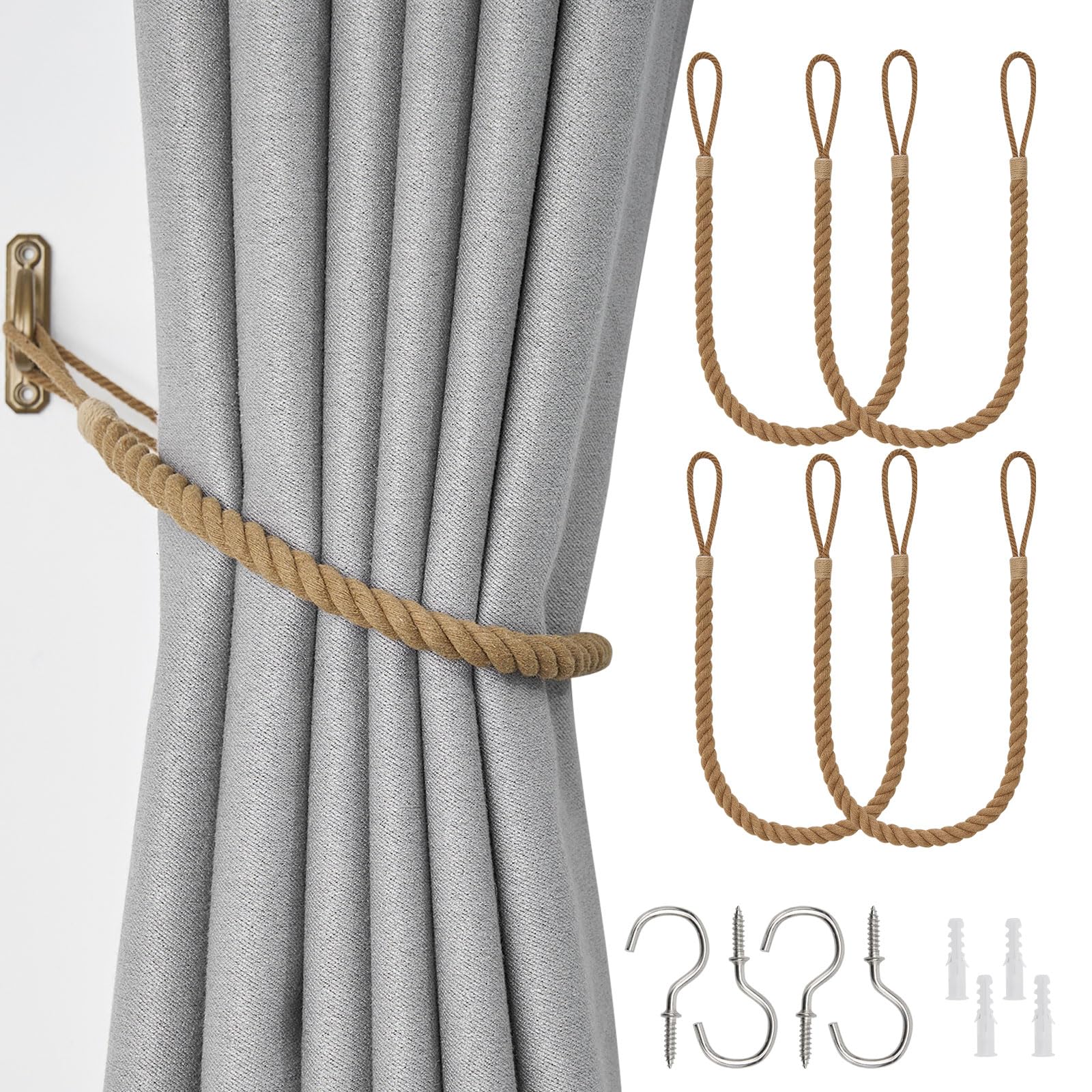 Pretty Jolly 4 Pack Natural Cotton Rope Curtain Tiebacks Boho Rustic Style Decorative Drape Tie Backs Hand-Woven Rope Curtain Holdbacks with Metal Hook for Home & Office Drapery (Cotton-Khaki)