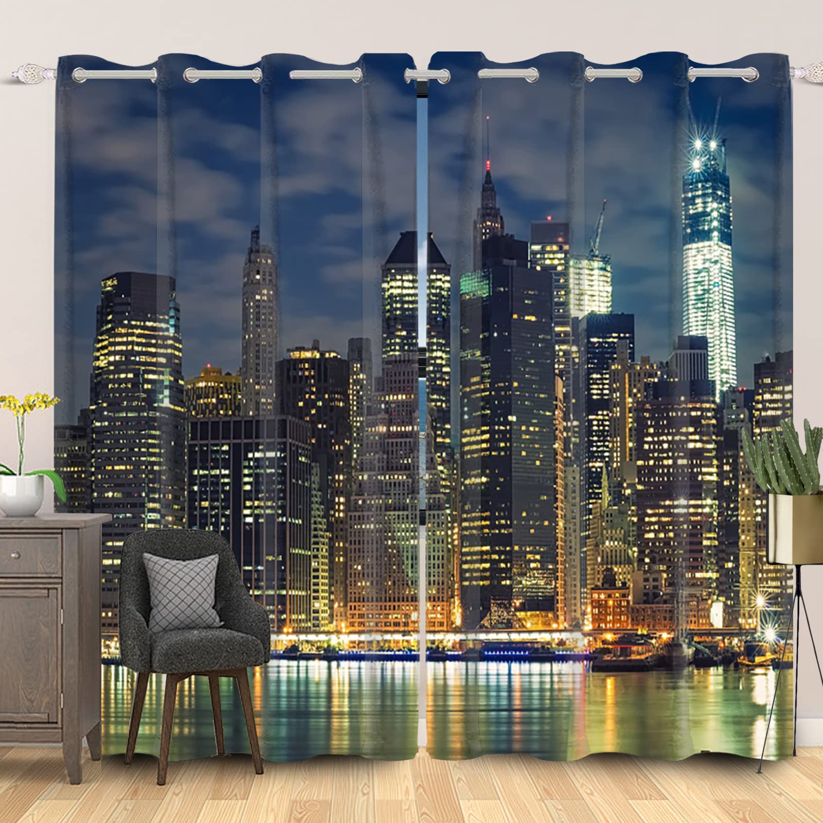 SDOTPMT 42x63inch New York City Skyline Window Curtain Famous Building Urban Town Skyscrapers Window Drapes Metropolis Night Scenery Curtain for Living Room Bedroom Blackout Curtains, 2 Panels