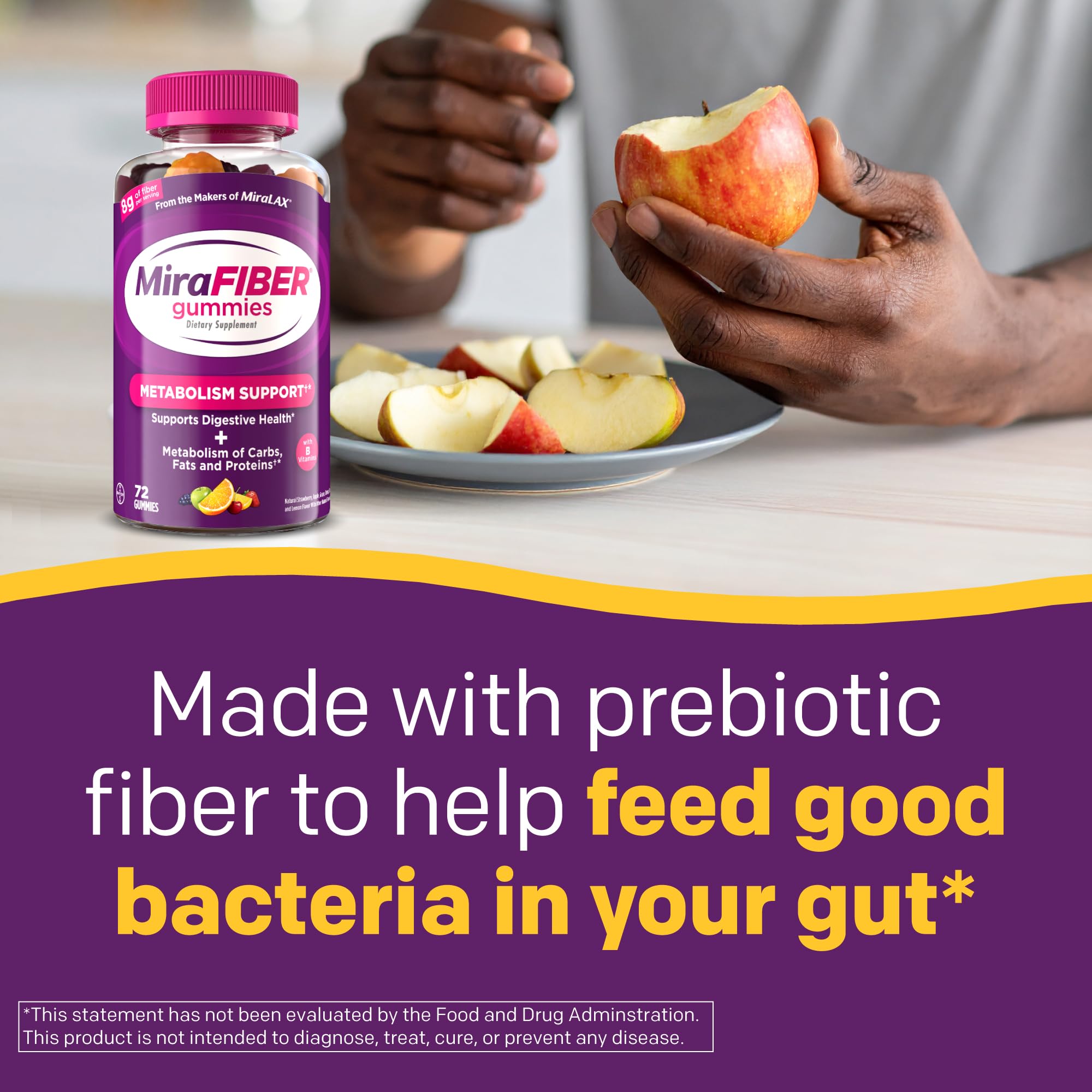MiraFIBER Gummies from the Makers of MiraLAX, 8g of Daily Fiber Per Serving, Metabolism Support with B Vitamins, Gut Health for Men & Women, Prebiotic Fiber Gummies for Adults, Mixed Fruit Flavor 72Ct