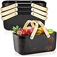 4 Pcs Plastic Mesh Garden Harvest Basket Storage Mesh Basket with Wooden Handle Multi Functional Mesh Basket for Kitchen Cabinet Picnic Fruit Vegetable Gathering Organizer (Black, Large)
