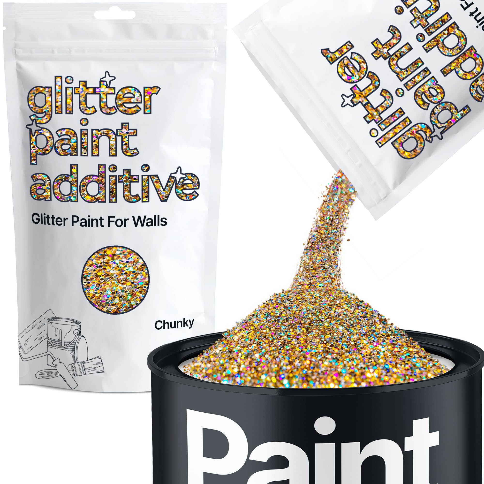 Hemway Gold Silver Holographic Glitter Paint Additive Chunky 100g for Adding Sparkle to Paints & Varnish | Paint Walls Sparkly Add to Emulsion, Acrylic or Lacquer Indoor