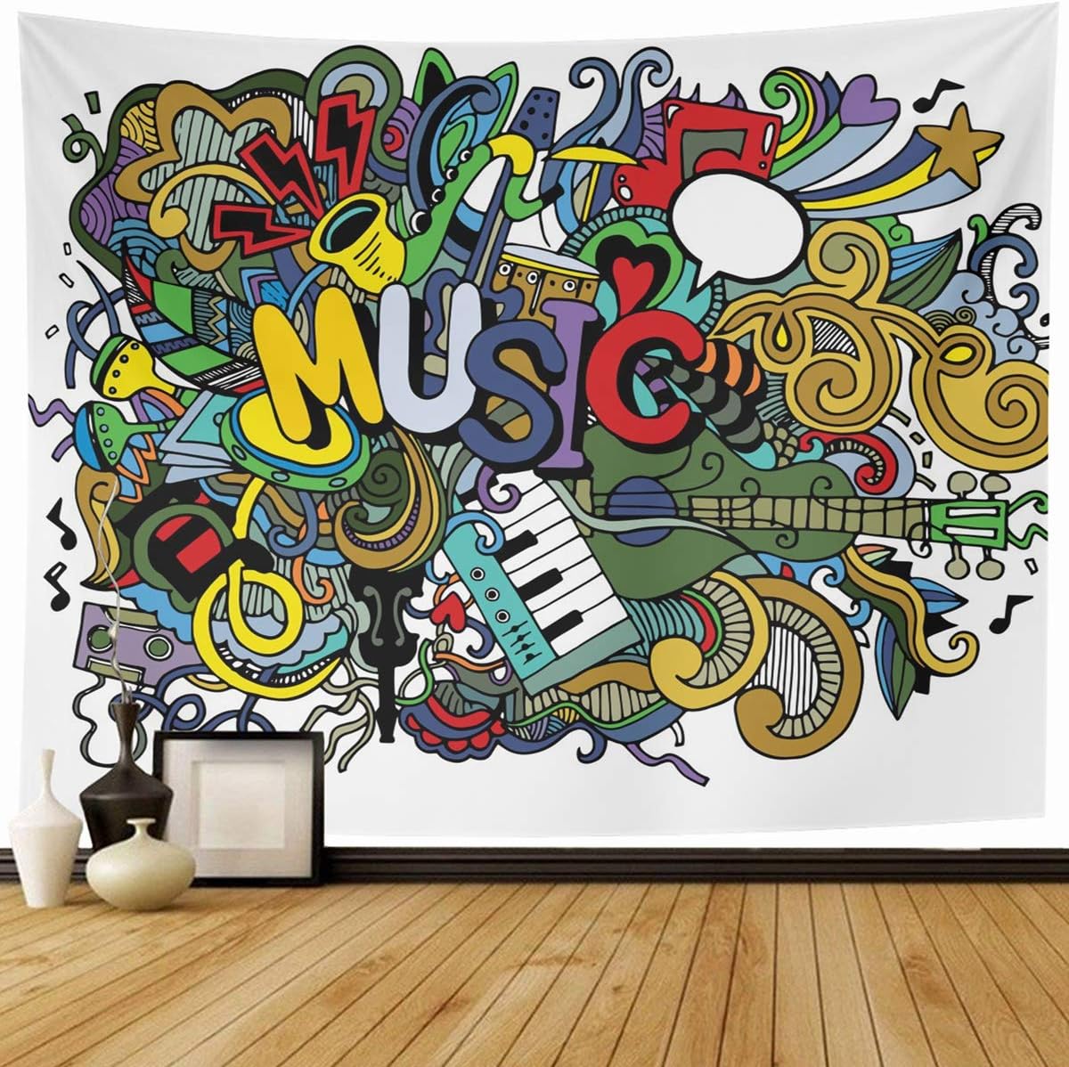 Ahawoso Tapestry Wall Hanging 60x50 Flower Band Abstract Music Collage Musical Instruments Line Hand Doodle Acoustic Bass Beat Classical Home Decor Tapestries Decorative Bedroom Living Room Dorm