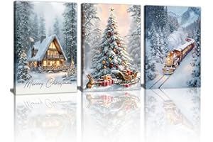 WENGTIAO 3 Pcs Christmas Winter Forest Snow Canvas Wall Art, Christmas Trees Wall Painting Red Trains Cabins Snowy Scenery Canvas Picture Prints Home Decor for Bedroom Living Room Dining Room 12"X16"x3