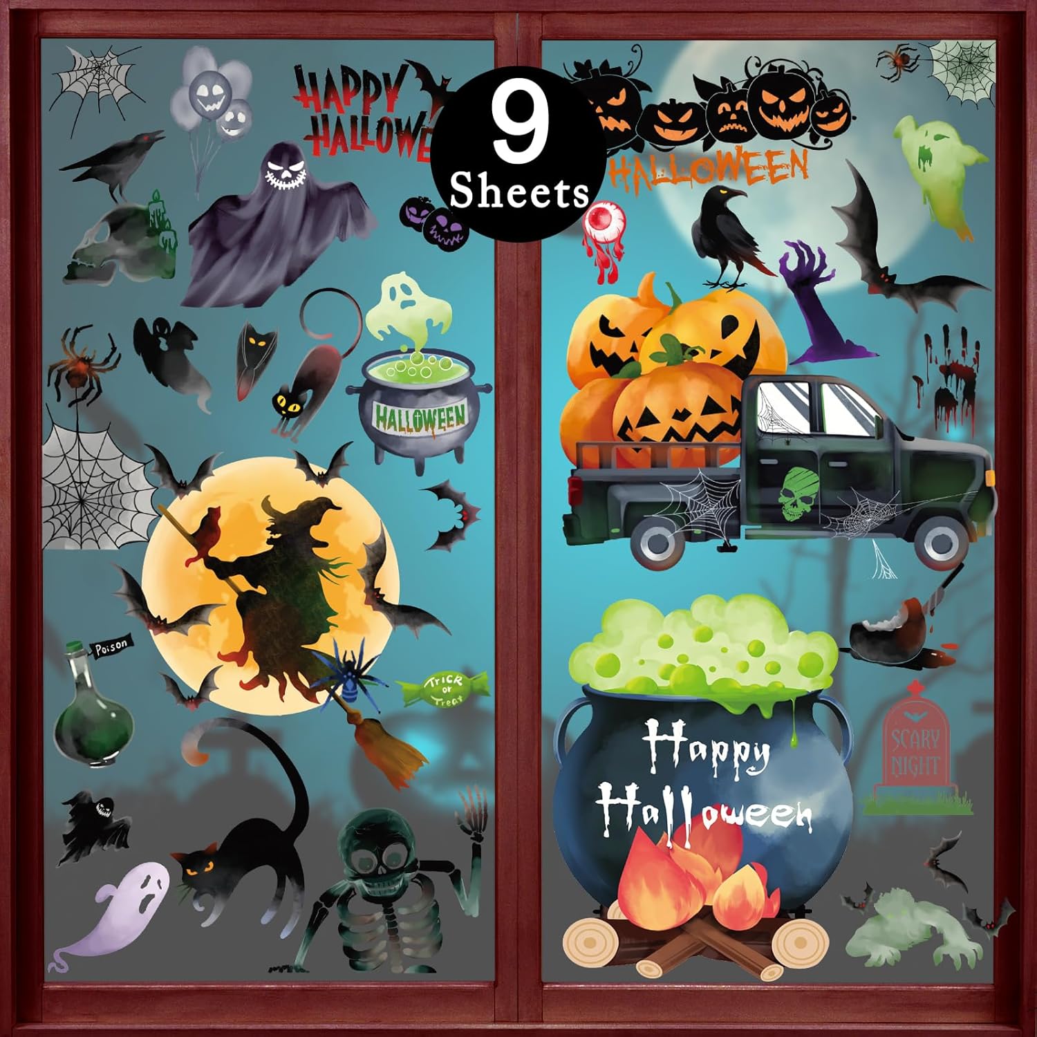 Window Treatments - 9 Sheets Halloween Window Clings, Scary Halloween Window Stickers, Removable Double Sided Halloween Window Decals for Glass Windows, Halloween Window Decorations Home Decor Halloween Party Decorations
