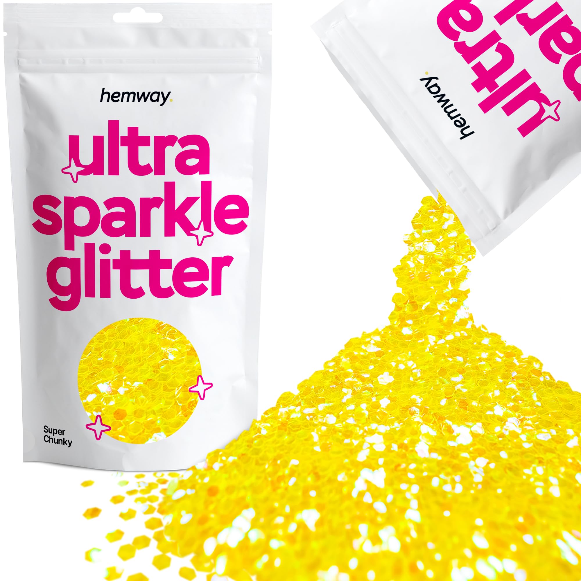 Hemway Ultra Sparkle Glitter Fluorescent Yellow 100g Super Chunky | Glitter for Arts & Craft, Makeup, Nail Art, Crafting, Card Making, Sparkle Decoration