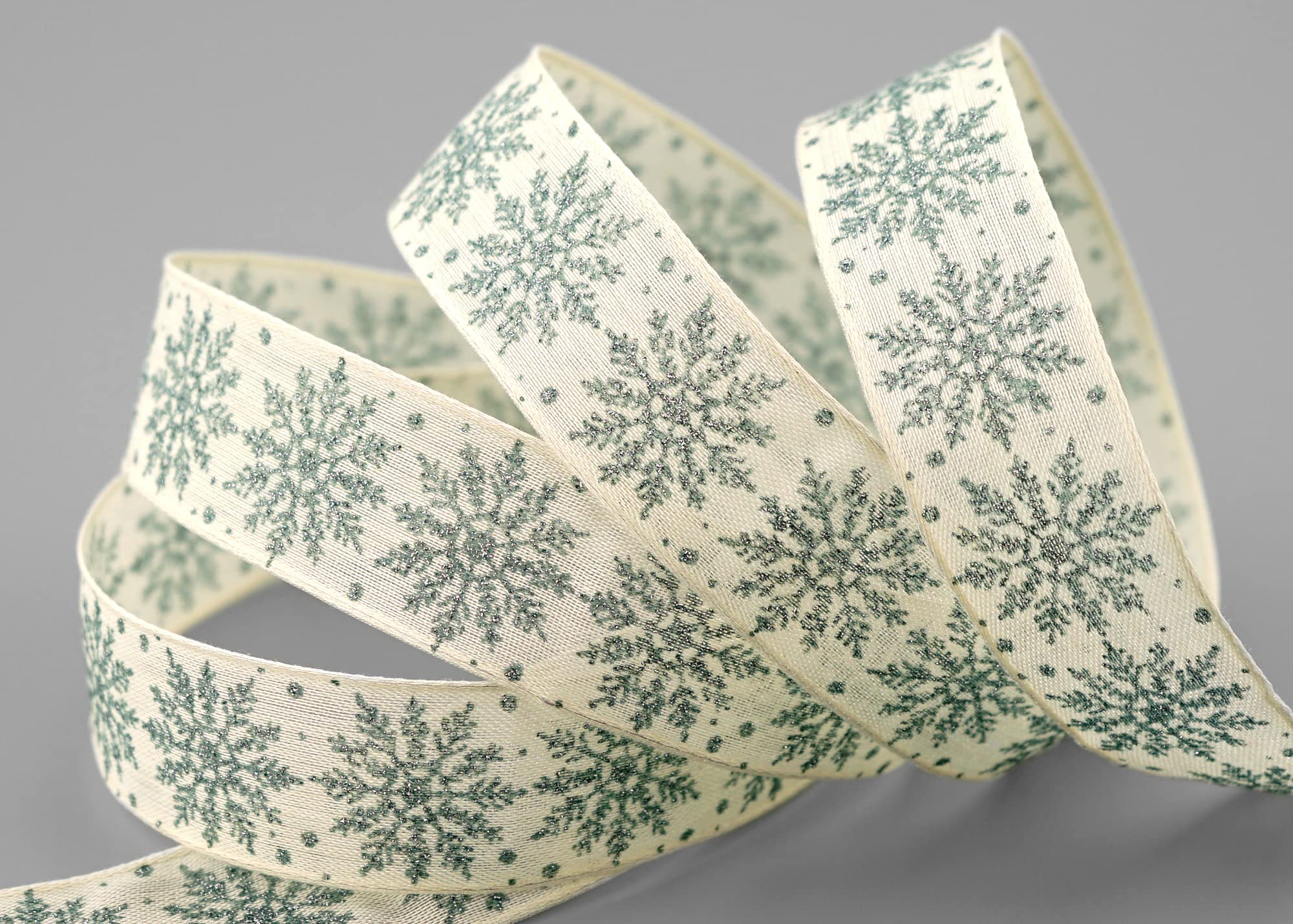 20 m x 25 mm Decorative Ribbon ADAM Cream Antique Green Green Snowflakes Gift Ribbon with Wired Edges Ribbon Decorative Shiny Ribbon Christmas Snowflakes Craft Wire Glitter Winter