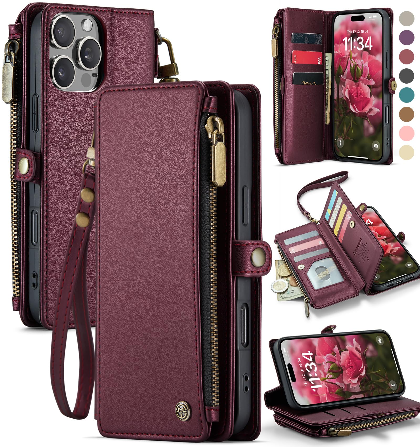Photo 1 of Defencase Compatible with iPhone 16 Pro Max Case Wallet with RFID Blocking Card Holder for Woman Men, PU Leather Magnetic Snap Flip Zipper Strap Phone Case for iPhone 16 Pro Max 6.9", Burgundy