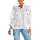 Benfoly Women's Casual Business Eyelet Lace Blouses Tops V Neck Elegant Boho Tops Work Dressy Shirts Hollow Out Spring Summer
