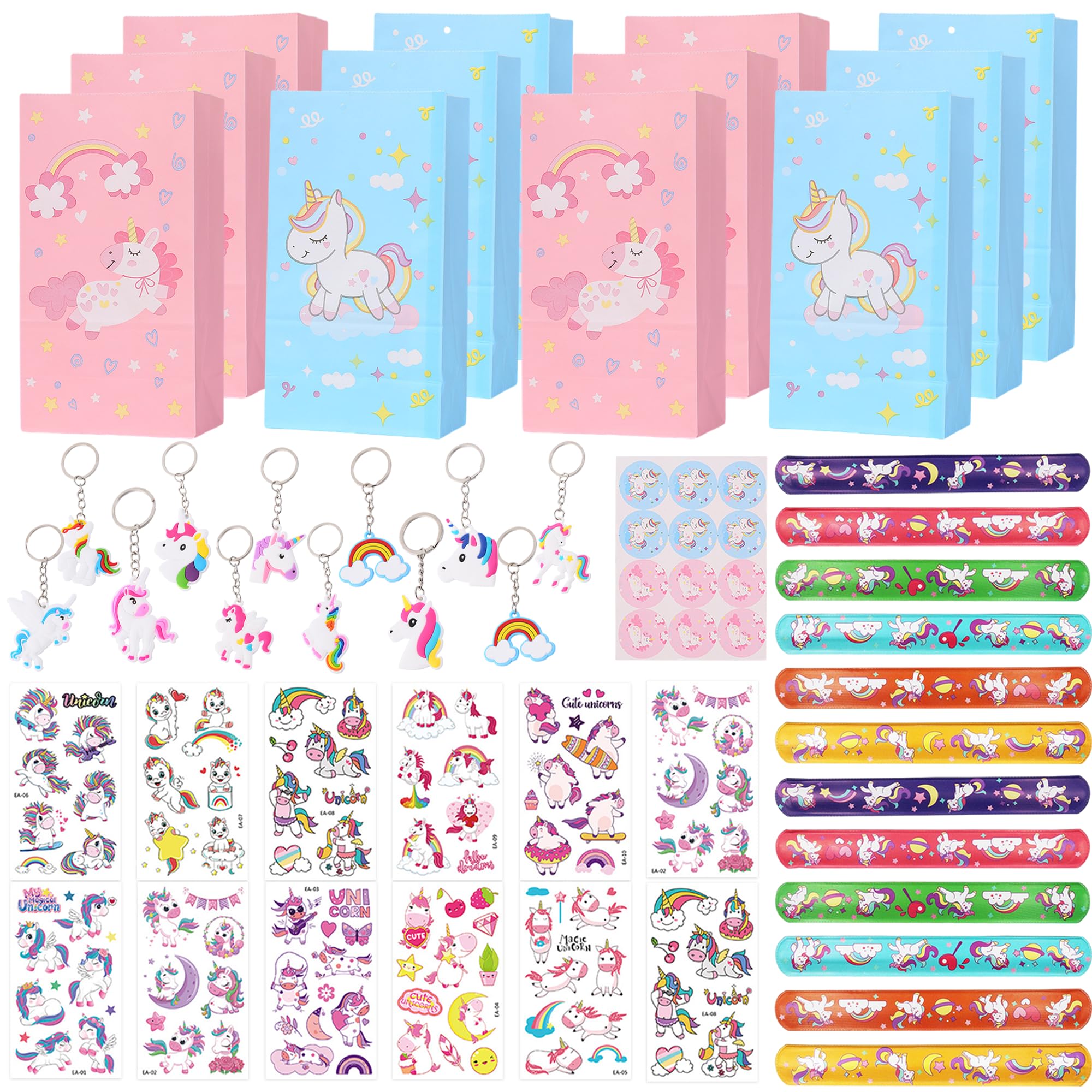 batnite Unicorn Party Bags Fillers Set - 60 Pieces Unicorn Pinatas Filler Unicorn Keychain Temporary Tattoos Sticker Gift Bags Slap Bracelets for Kids Party Favours Stocking Fillers School Prizes