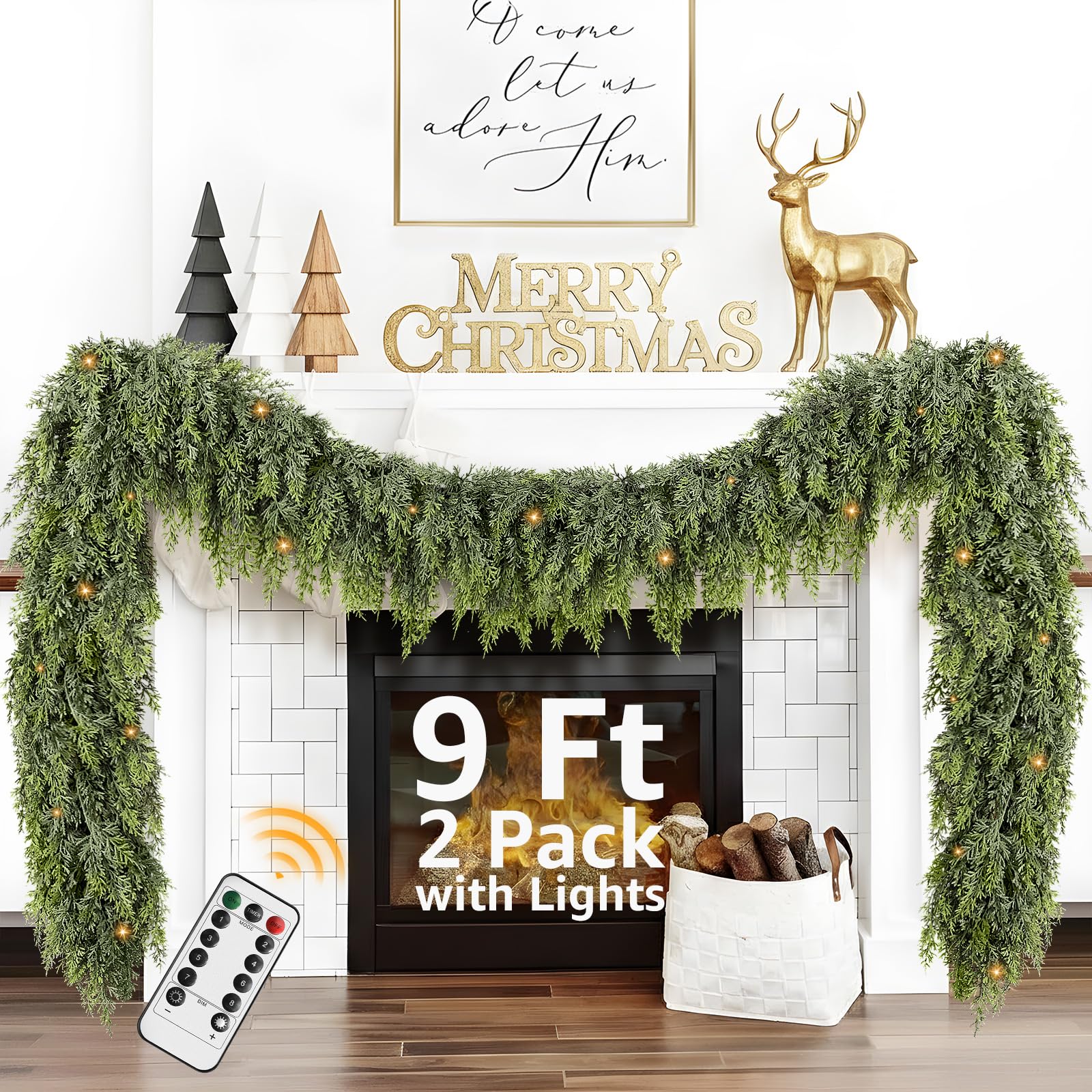 Photo 1 of Cedar Christmas Garland for Mantle - 2 Pack with Lights Decorations 9ft Realistic Lighted Faux Pine Garlands for Xmas Home Decoration Outdoor Indoor Stairs Railing Fireplace Prelit Garland Door Decor