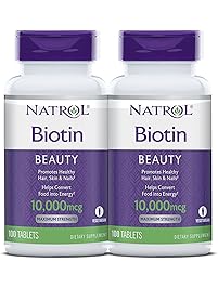 Natrol Biotin Maximum Strength Tablets, 10,000mcg, 100 Count (pack of 2) (Pack May Vary)