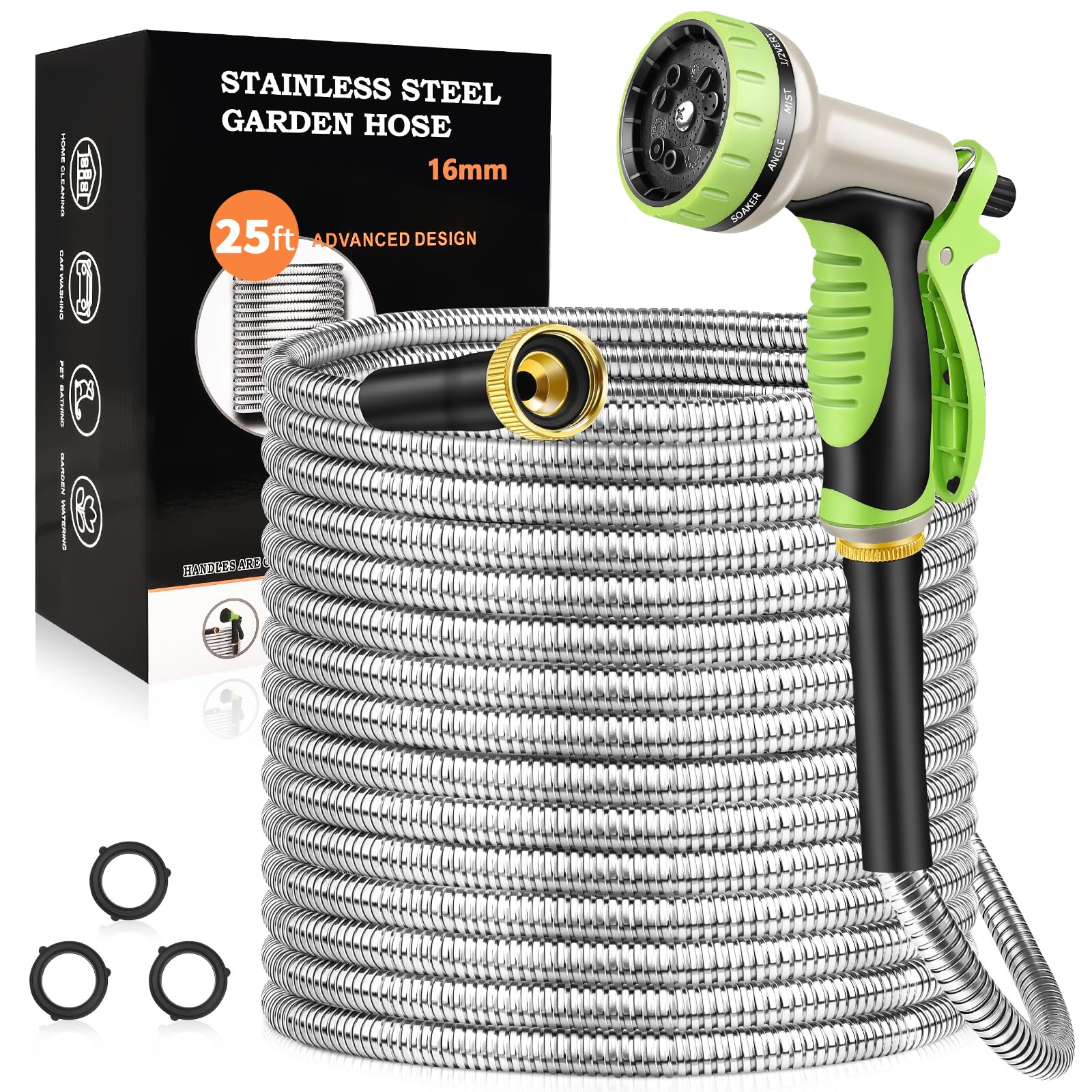 GOXAWEE Garden Hose 25FT, Stainless Steel Heavy Duty Water Hose With 10 Function Nozzle, No-Kink, Tough & Flexible, Sturdy and Lightweight, Rust Proof for Yard, Outdoor, RV Image