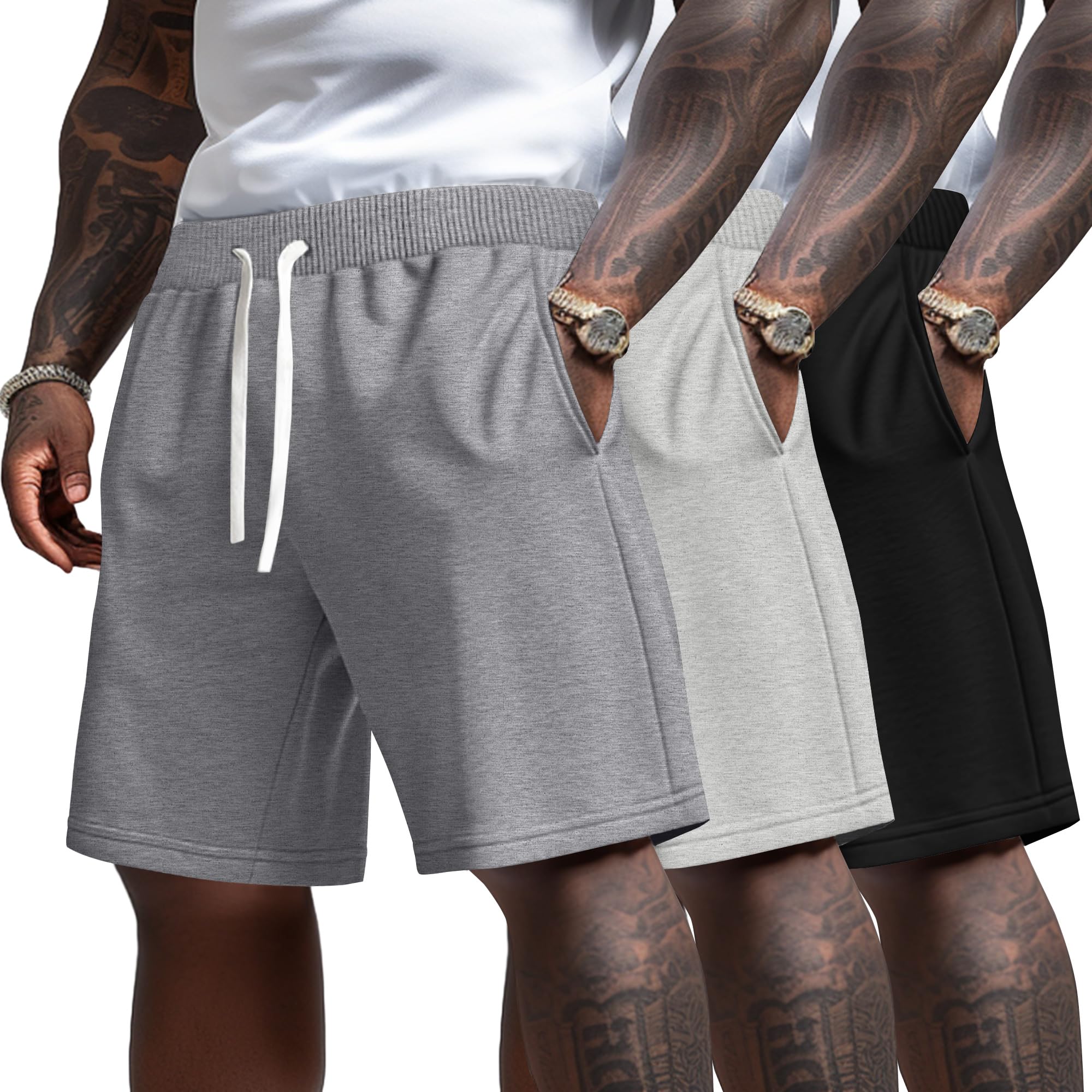 Photo 1 of Ficerd 3 Pack Big and Tall Men's Sweat Shorts 9'' Plus Size Bermuda Drawstring Elastic Waist Shorts with 3 Pocket(Mix Gray, Light Mix Gray, Black,4X-Large)