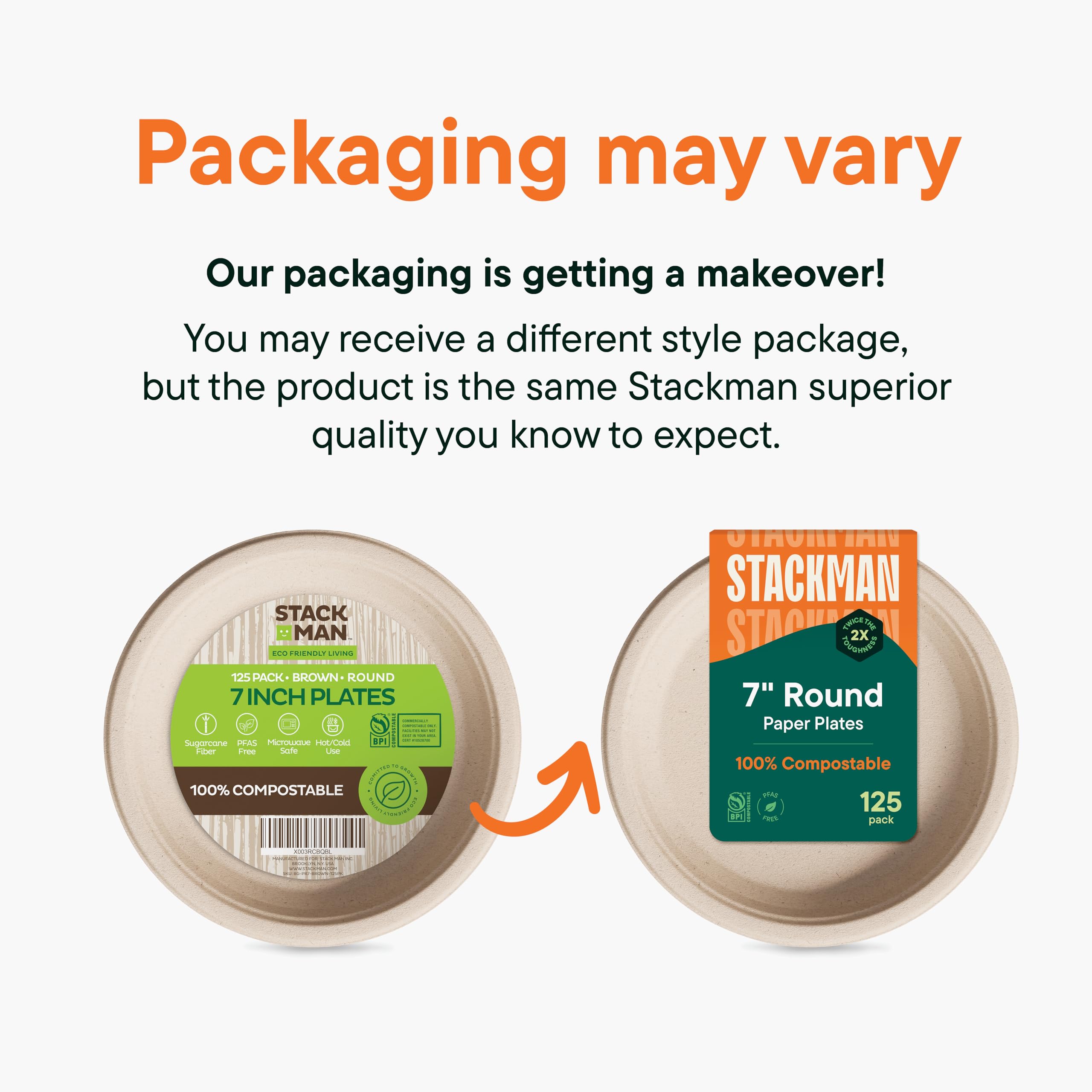 Paper Plates, 100% Compostable Heavy Duty, Disposable 7 Inch, Small Dessert Plate - [125-Pack] - {PFAS-Free} - {BPI Certified} Eco-Friendly, Biodegradable Bagasse Natural Brown 7