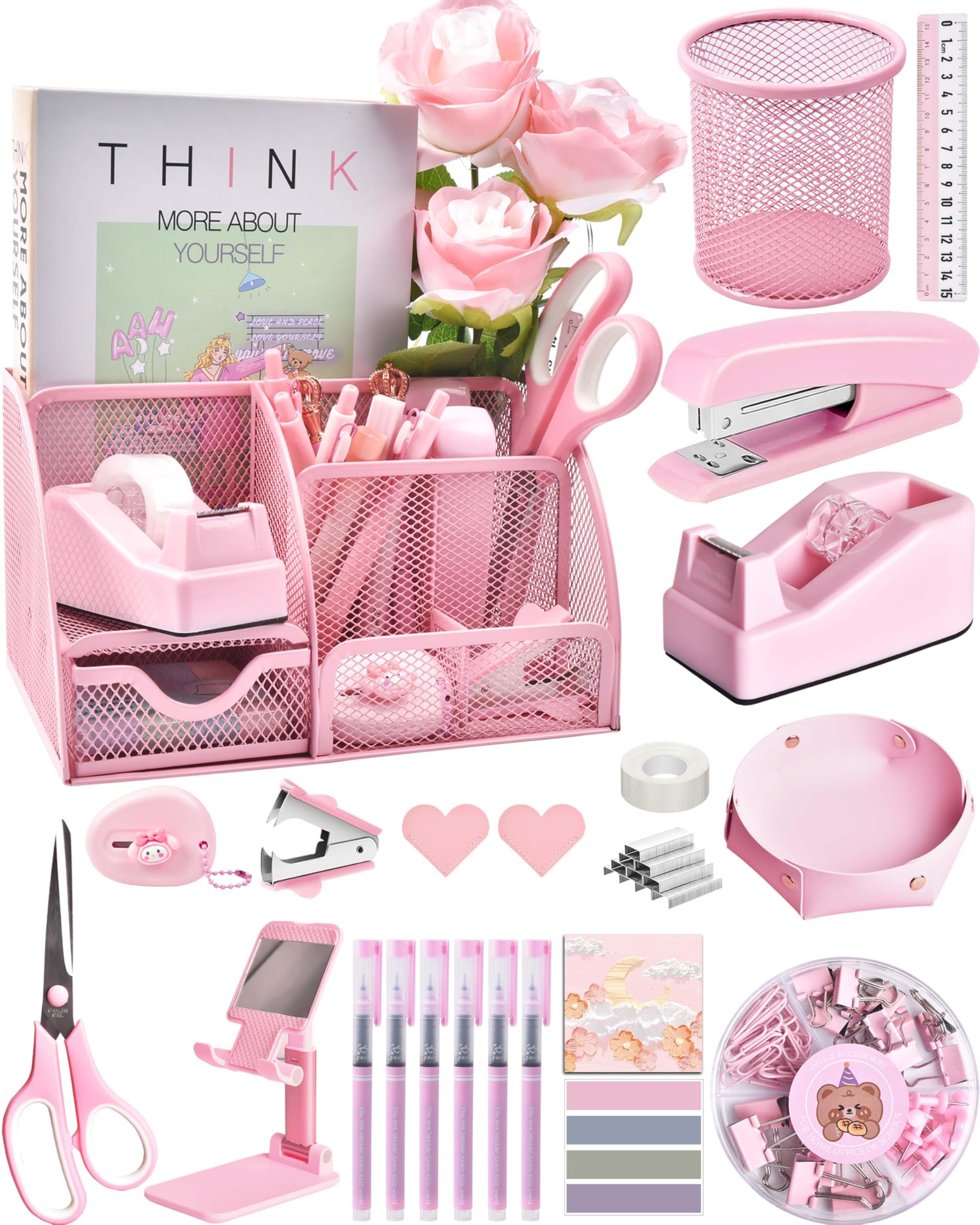 Photo 1 of Pink Desk Accessories, 24Pcs Pink Office Supplies and Desk Organizers, with Tape Dispenser, Stapler, Staple Remover, Ect, Fill Your Desktop with Lovely Pastel Colors, Back to School