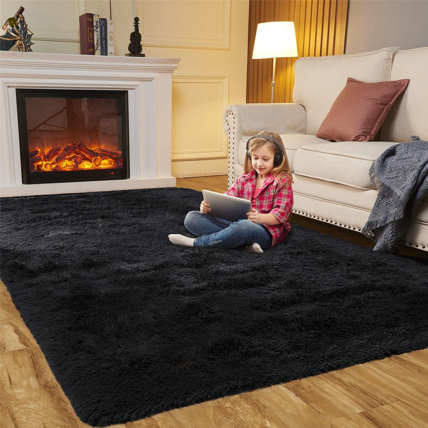 Rugs, Pads & Protectors - Area Rugs for Bedroom Living Room, 5ft x 7ft Black Fluffy Carpet for Teens Room, Shaggy Throw Rug Clearance for Nursery Room, Fuzzy Plush Rug for Dorm