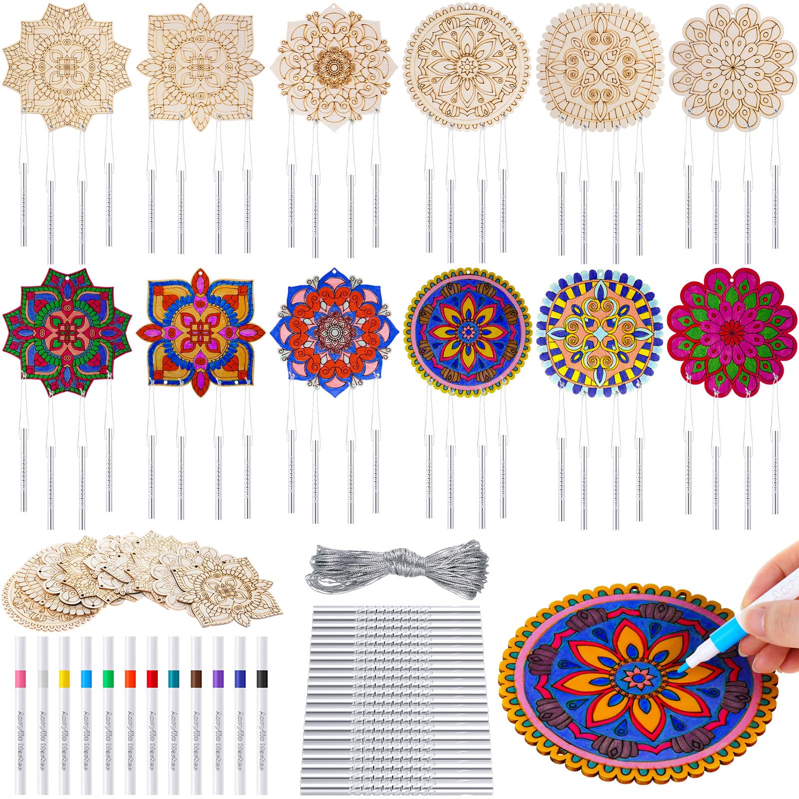 Photo 1 of Potchen 18 Sets Wind Chimes Craft Art Kit for Adult Color Your Own Wind Chime DIY Unfinished Wood Hanging Ornaments Coloring Window Chime for Adult Gifts Home and Back to School Party Supplies
