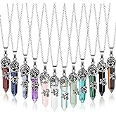 Sureio 12 Pcs Healing Crystal Stone Necklace Hexagonal Spiritual Pendant Natural Gemstone Healing Flower Wrapped Crystal Point Quartz Point Necklace with Chain for Women