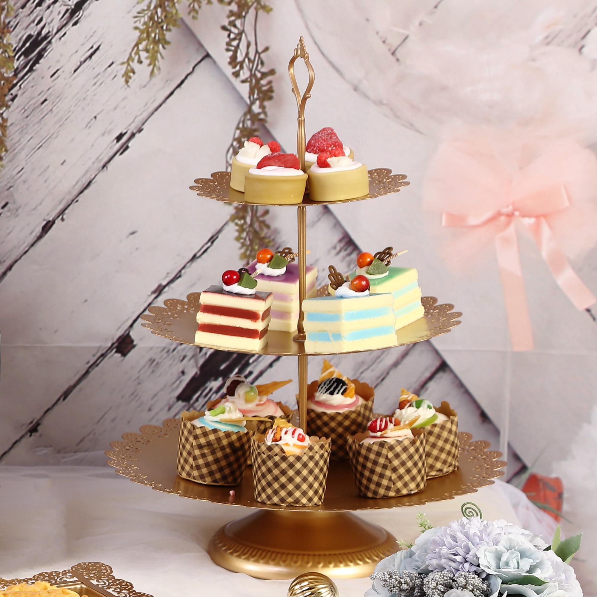 GMWD Set of 7 Gold Cake Stand Desserts Display Table Pedestals 3-Tiered Cupcakes Holder Serving Tray Decorative Weddings Birthdays Party Baby Showers Celebrations