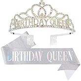 CAVETEE AB Silver Birthday Crowns and Sash for Women - Queen Tiara for Birthday Party Decorations