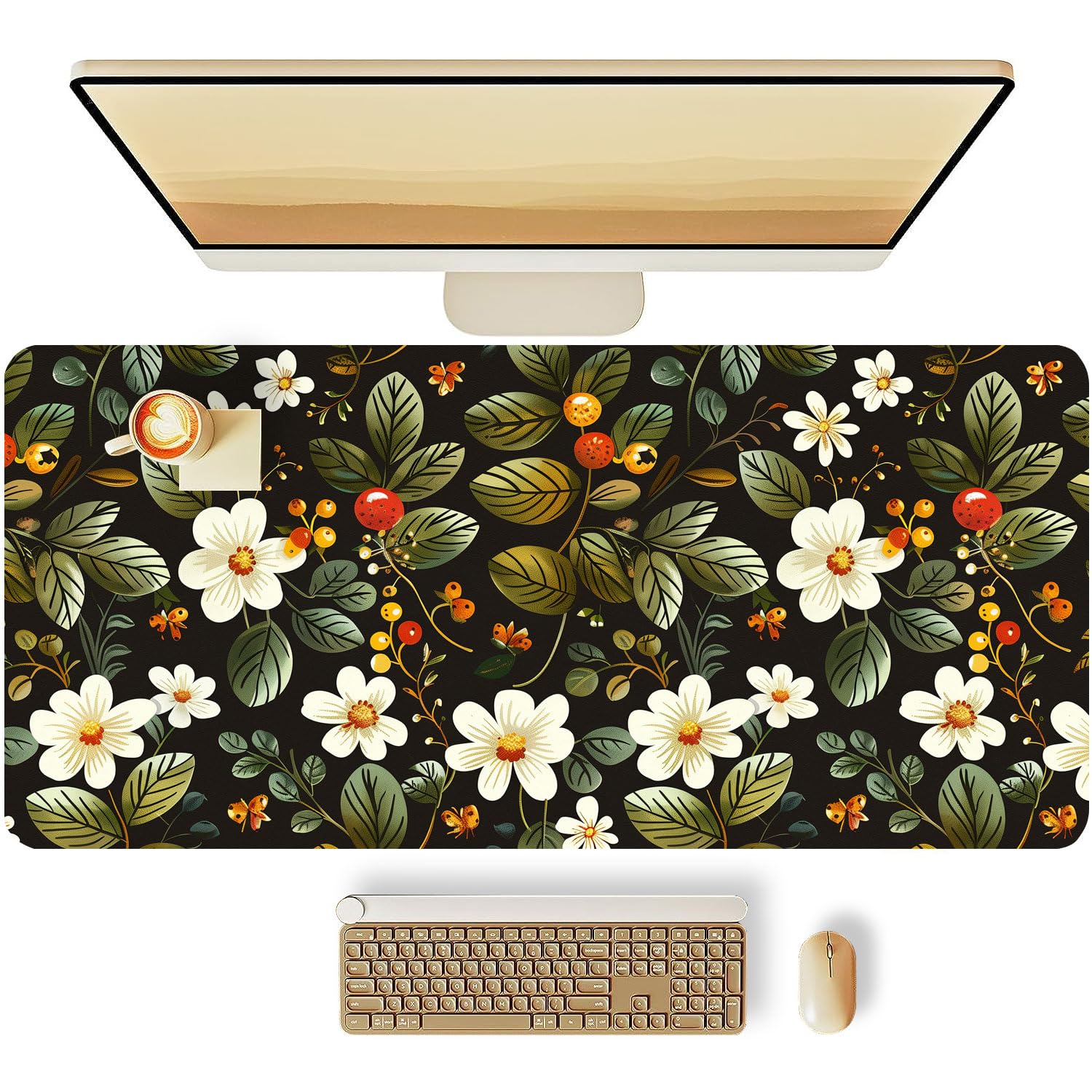 MAYCARI Cute Flower-D Desk Mat(31.5"x15.7") Large Extended Gaming Deskpad with Girly Design Keyboard Desk Mat Desk Pad with Soft Smooth Surface & Anti-Slip Base（80cm*40cm