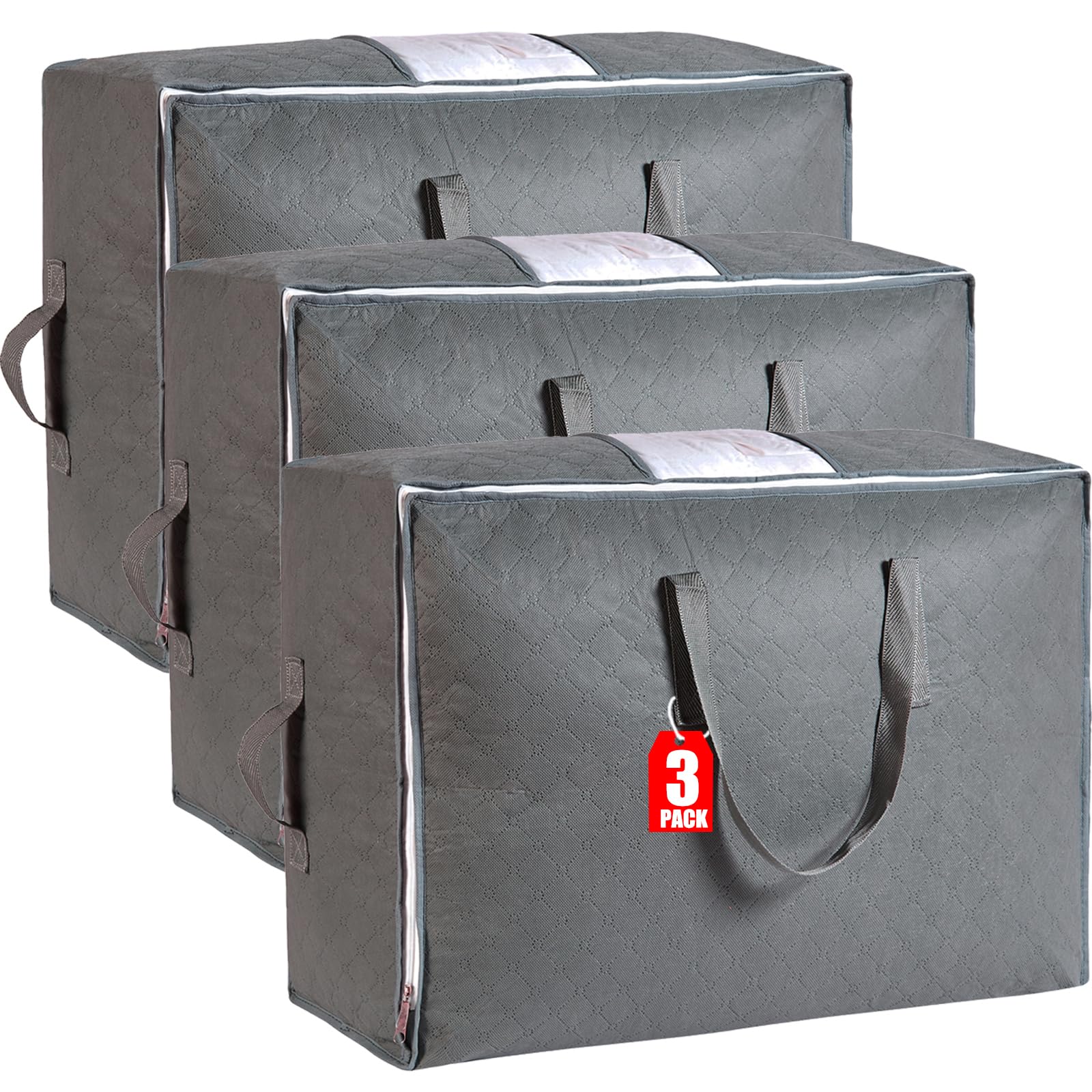 Photo 1 of 105L Extra Large Storage Bags for Blankets, King Comforters, Bedding, Clothes, Pillows, Sheets - Closet Organizers and Storage with 4 Handles & Clear Window, Foldable & Breathable (Grey, 3pack)