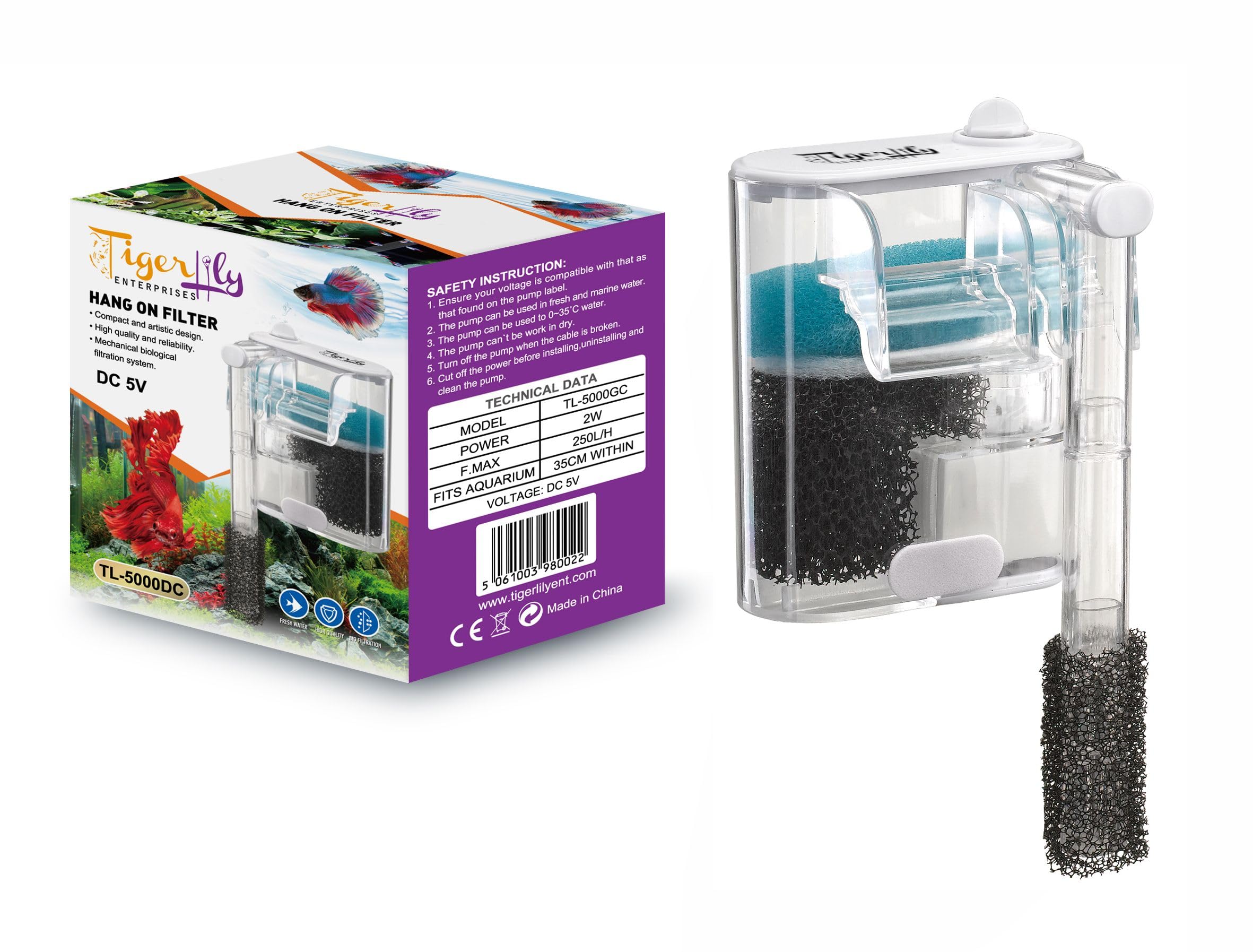 Tigerlily Enterprises Mini Waterfall Aquarium Filter – 250L/H USB-Powered Hang-On Back (HOB) Filter with Adjustable Flow, Ultra Quiet Operation & 3-Layer Filtration for Small/Nano Fish Tanks — image 1