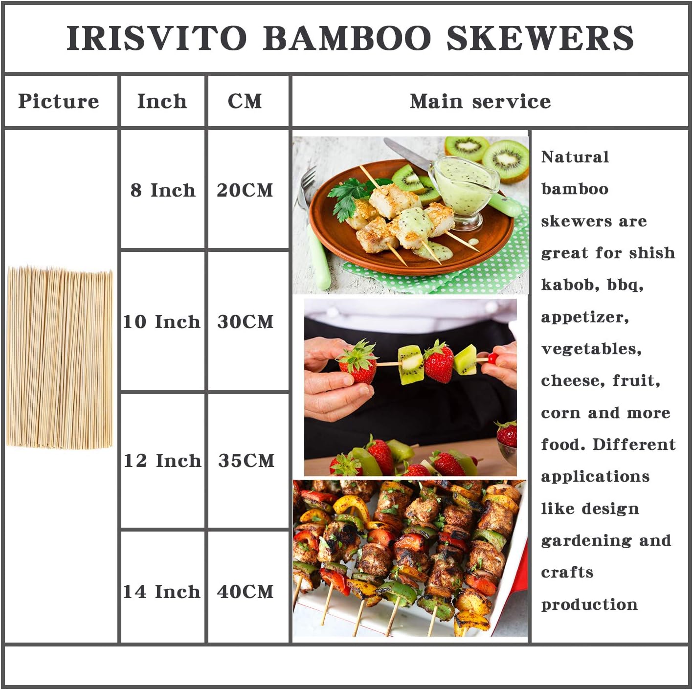 irisvito 16 Inch Natural Bamboo Skewers for Shish Kabob, BBQ Grill, Appetizer, Fruit, Corn, Chocolate Fountain, Cocktail More Food (Φ=4mm Pack of 100) : Garden & Outdoor
