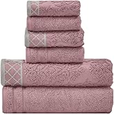 Modern Threads Damask Jacquard Towel Set with Embellished Border, Dusty Plum, Standard (6-Piece)