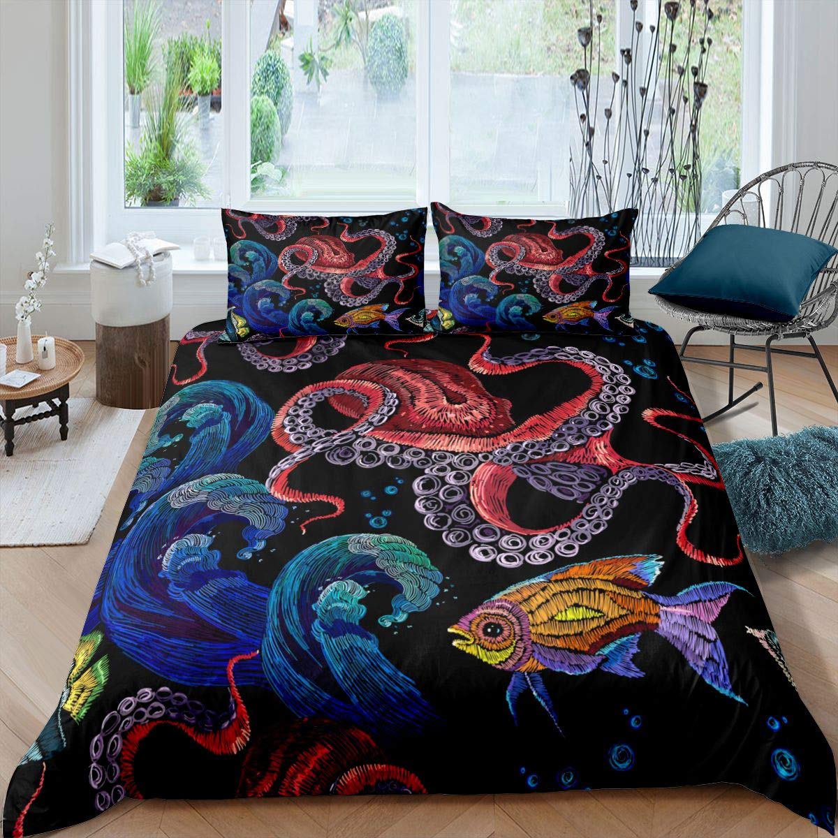 Homemissing Red Octopus Tentacles Bedding Set Sea Wave Comforter Cover for Kids Boys Girls Teens Tropical Fishes Duvet Cover Underwater Animal Breathable Bedding & Linen Single