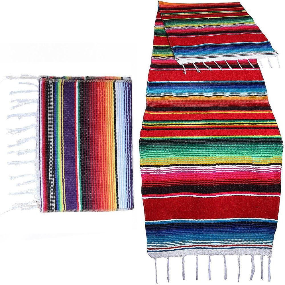 Xplanet Mexican Table Runner 14 x 84 inch Colorful Striped Mexican Serape Blanket Party Wedding Decorations Fringe Cotton Table Runner: Home & Kitchen