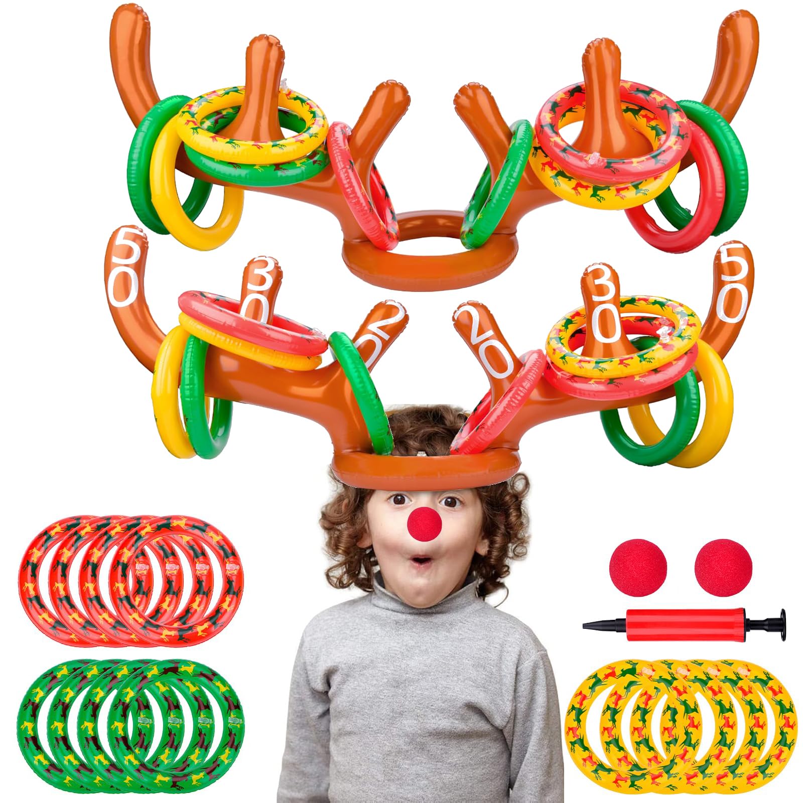 Christmas Ring Toss Game, Inflatable Reindeer Antler Game with 2 Antler, 12 Rings Inflatable Reindeer Ring Toss, Fun Xmas Gifts Carnival Holiday Party Games for Family (A)