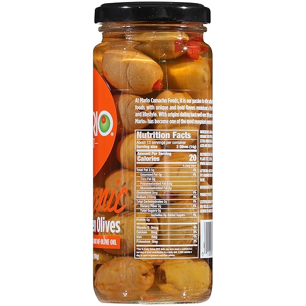 MARIO CAMACHO ORGANIC GREEN OLIVES STUFFED WITH REAL PIMIENTO AND TOUCH OF OLIVE OIL, 6.7 OUNCE (PACK OF 1)