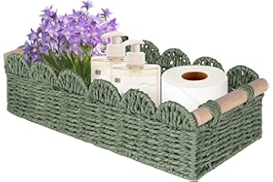 TIMMIUWU Toilet Paper Storage Basket, Small Wicker Baskets for Storage, Scalloped Narrow Rattan Storage Basket for Shelves, Toilet Tank Top Organizer for Bathroom, Bedroom, Nursery Room Decor, Green