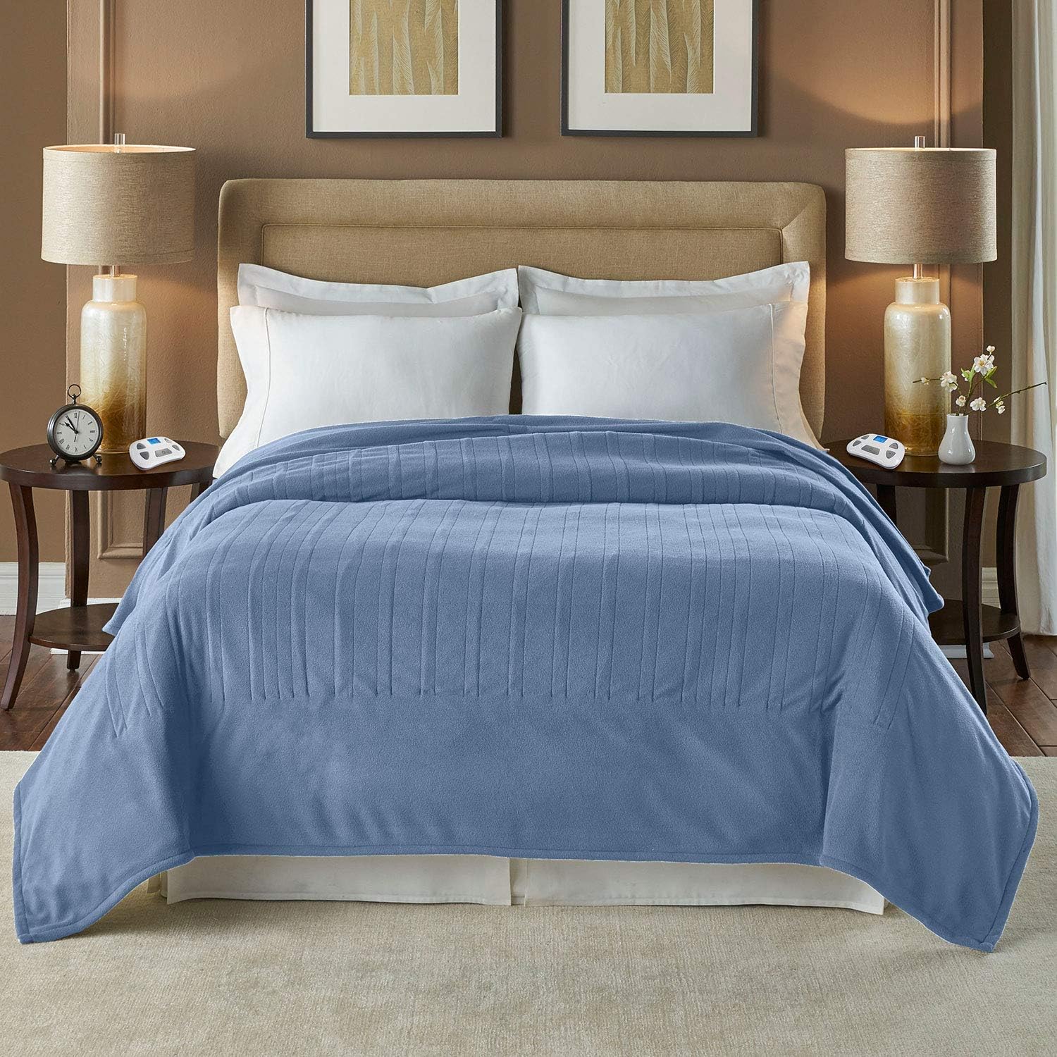 Pure Warmth 874126 Micro Fleece Electric Heated Warming Blanket Queen Slate Blue Washable Auto Shut Off 10 Heat Settings: Home & Kitchen