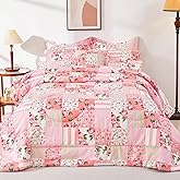 Cmfshape Floral Comforter with 2 Pillow Shams-Queen Size,Patchwork Pink Bed Set 3 PCs,Soft Microfiber Comforter Set for Girls,Lightweight Reversible Bedding for All Season(Queen88 x88,Pink)