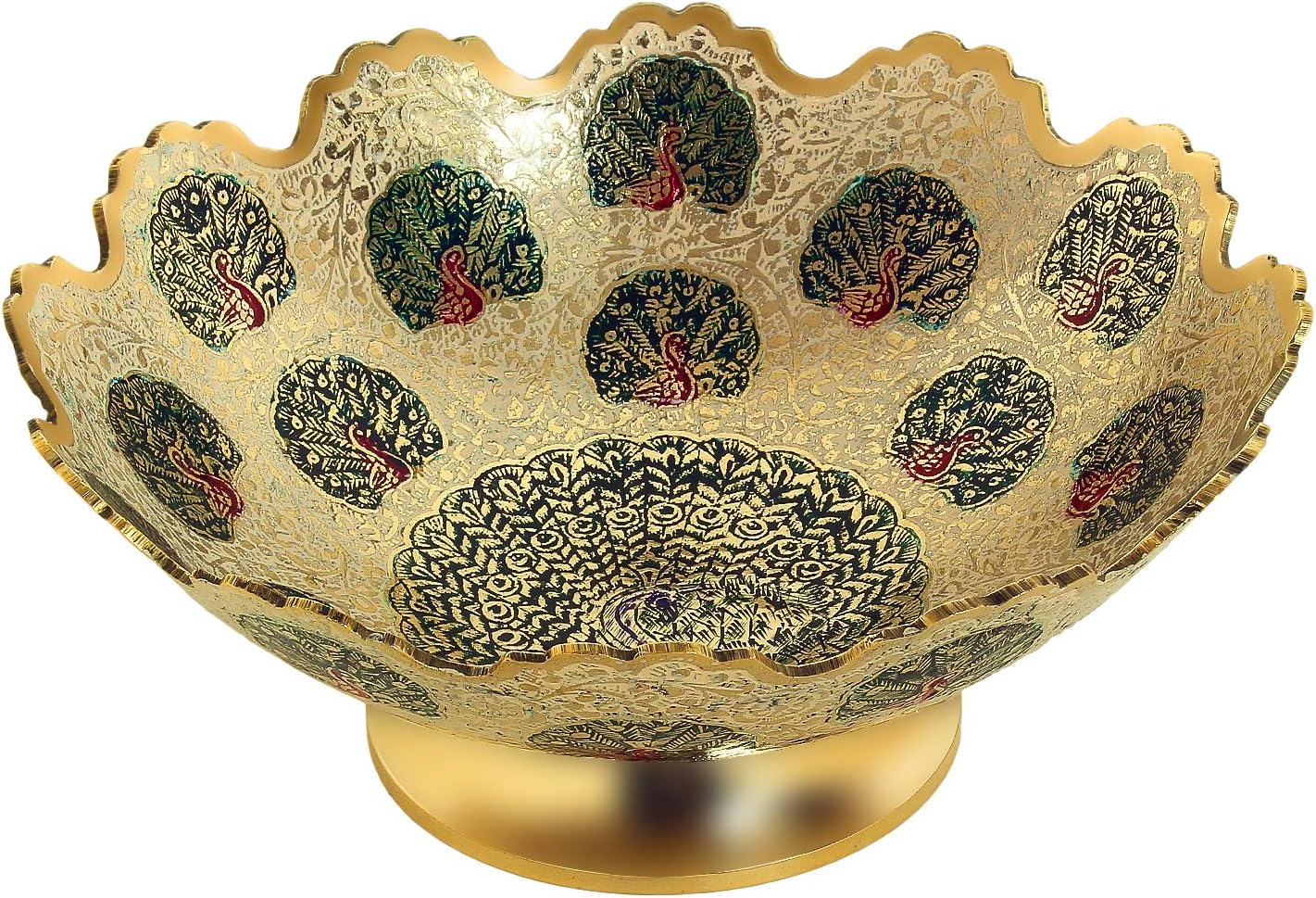 Zap Impex® Brass Decorative Dry Fruit Bowl Carving Work - Size-9 inches Beautiful White Color Peacock Design kitchenware Gift