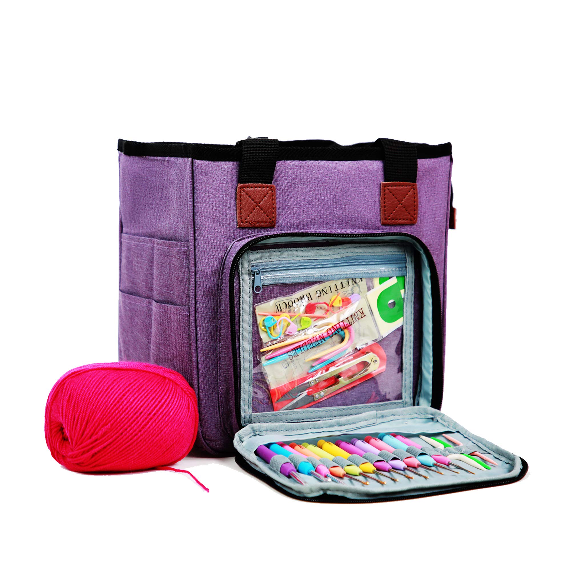 Horsande Knitting Storage Bag, Yarn Tote Bag Organiser, Knitting Wool Travel Bag for Crochet Hook and Needles Accessories, Purple