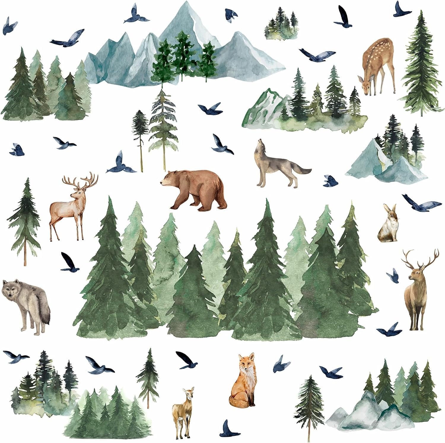 MOSITU Woodland Animal Wall Stickers 49 Pcs 2 Sheets Watercolour Forest Decals with Pine Trees Bear Deer Fox for Kids Bedroom Nursery Decor — image 1