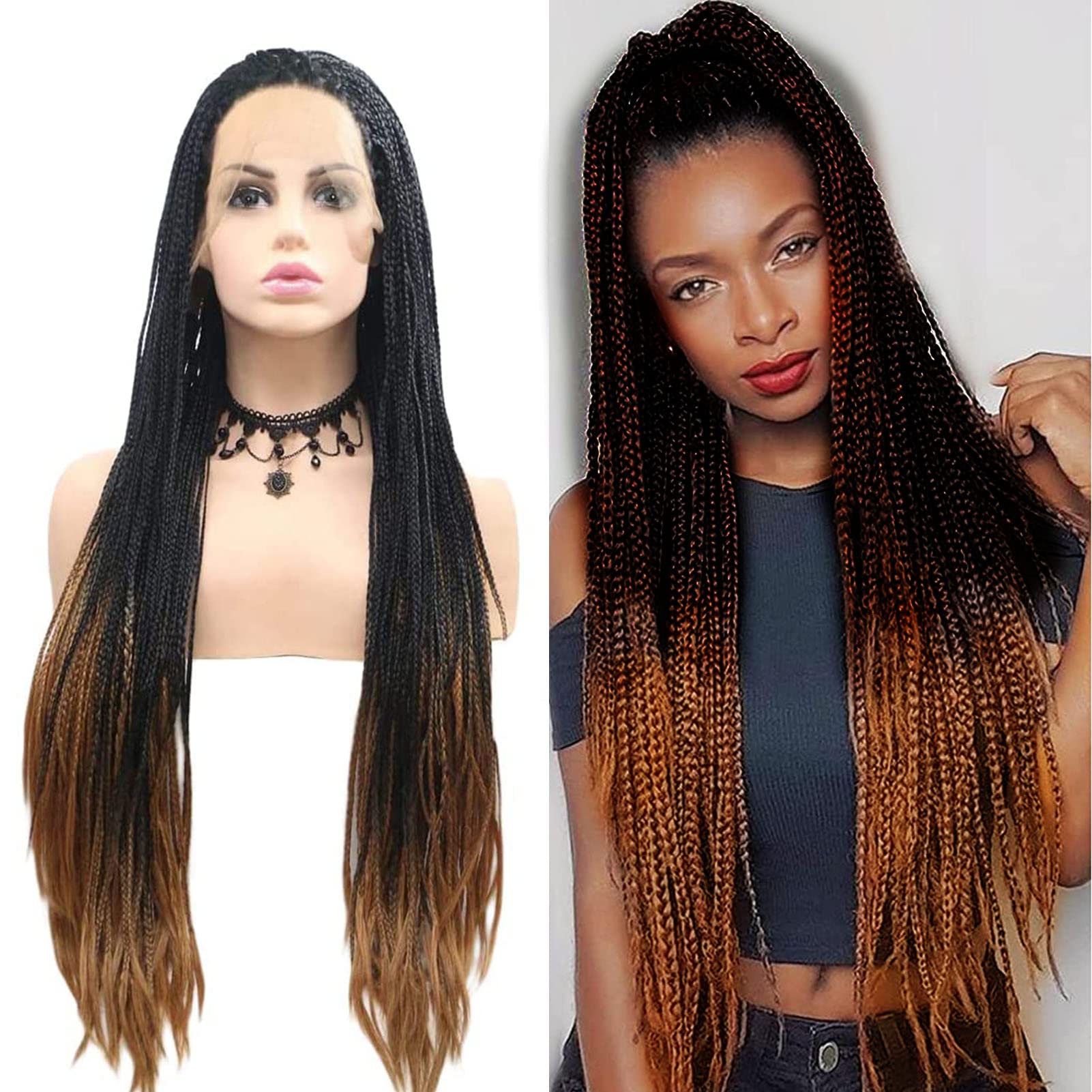 AFBeauty Knotless Braidded Lace Front Wig Long Brown Black Ombre Braided Wigs for Women Handmade Realistic Heat Resistant Glueless Box Braids Wig Great Cornrows Full Synthetic Hair Cosplay Daily 24"