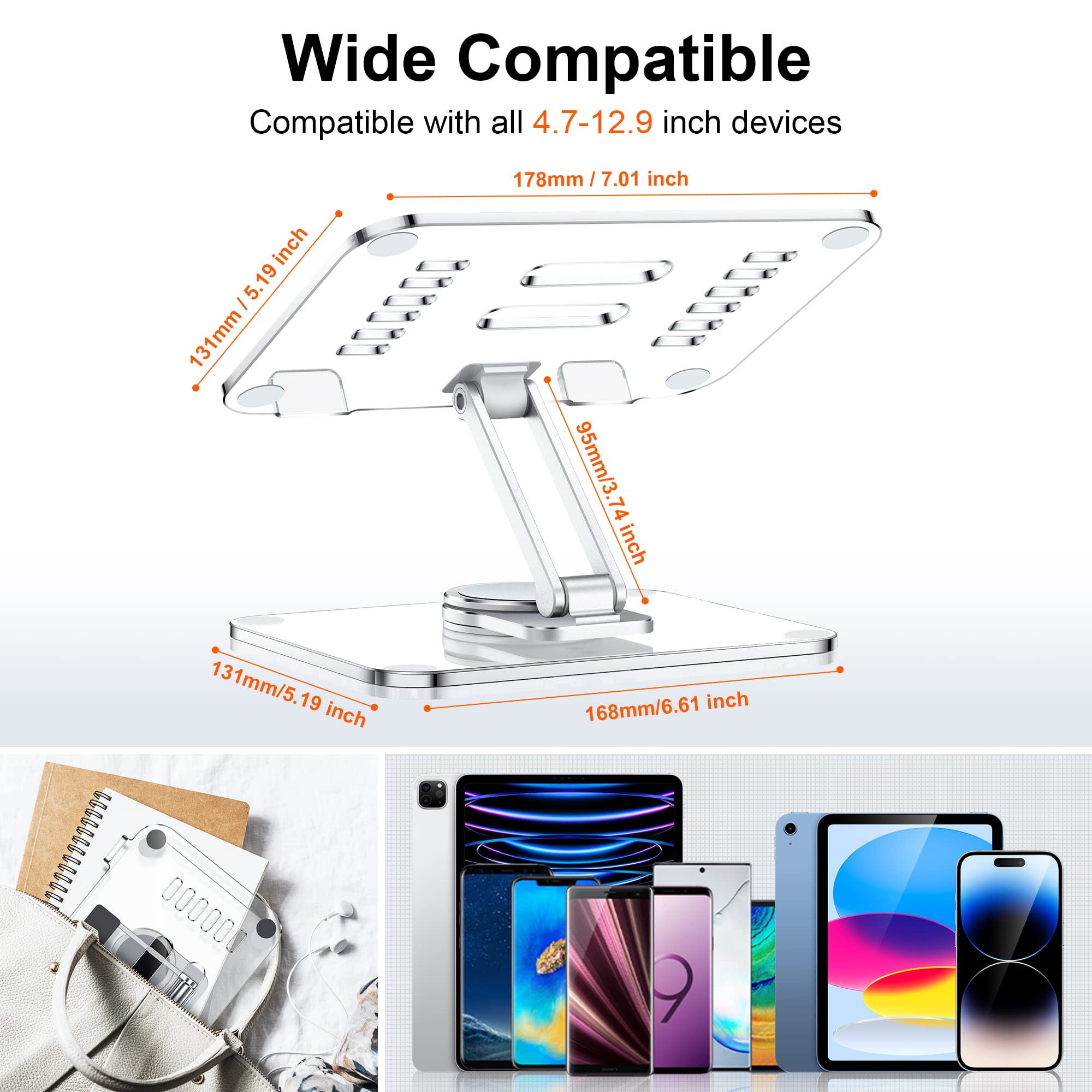 CreaDream Acrylic Tablet Stand Holder with 360 Rotating Base, Foldable Adjustable Transparent Tablet Holder for Desk Home Office, Compatible with iPad Pro Air Mini and More, Clear