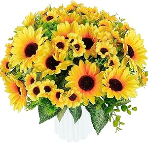 Whonline 4 Bunches Artificial Sunflower Bouquets with Stems Silk Sunflowers Fake Fabric Flowers for Home Decoration Wedding Decor