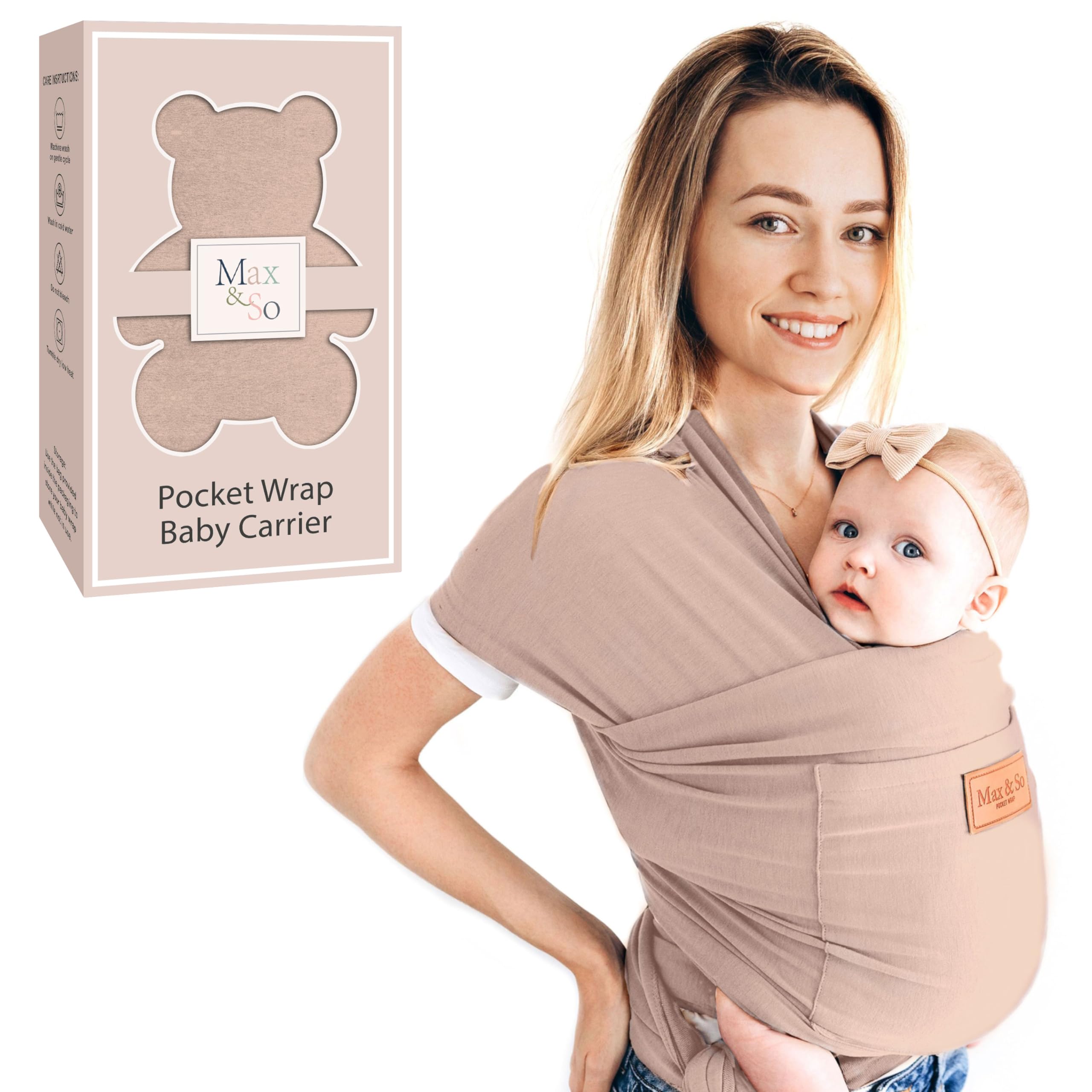 Photo 1 of Baby Wrap Carrier - Premium Cotton Baby Carrier Wrap for Newborn to Toddler- Infant Carrier- Baby Holder One Size Fits All with Front Pocket(Beige) by Max&so