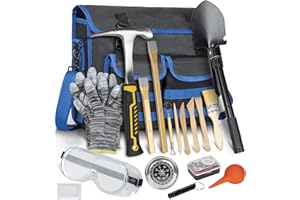 LASUK 28PCS Geology Rock Pick Hammer Kit, Gold Mining & Prospecting Equipment Tool, including 32oz Hammer, Shovel, Wooden Chisel, Magnifying Glass, Plastic Bags, Whistle, Goggles, Compass