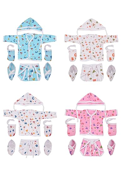 Toddylon Unisex Clothing Set of Baby Jhabla, Nappies, Cap, Mitten & Booties- Pack of 4 (0-6 Months) (Assorted)